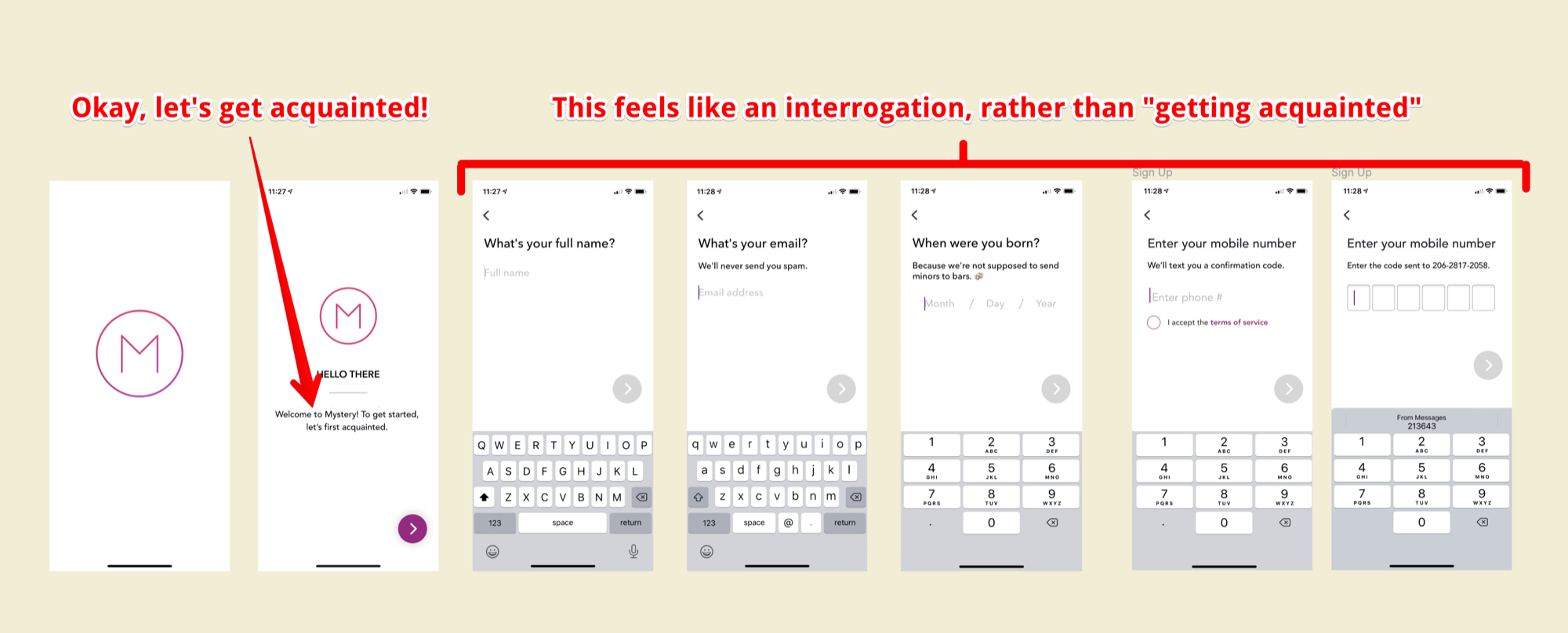 Account-creation UX audit screens