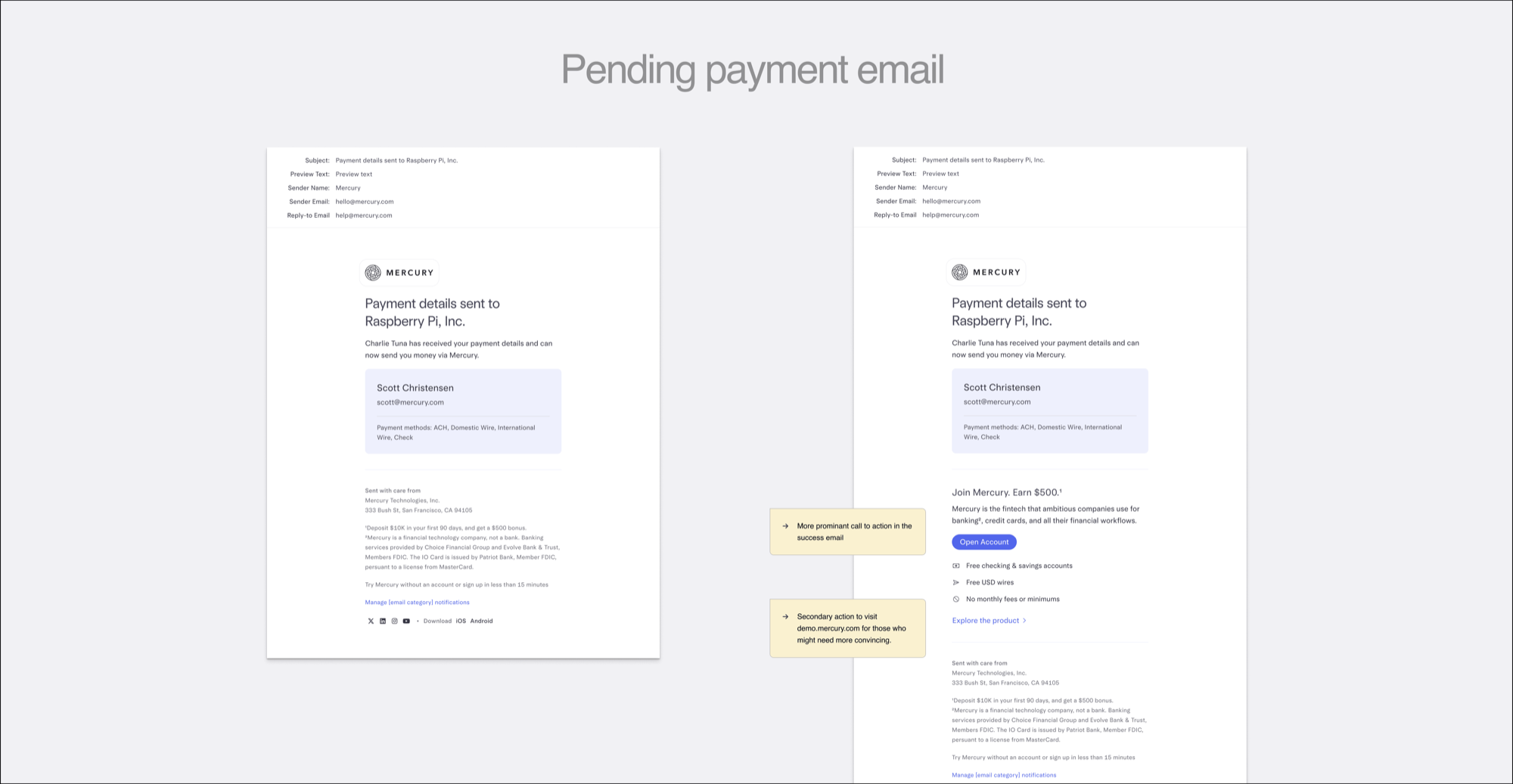 Confirmation email — prominent primary CTA + secondary demo.mercury.com action